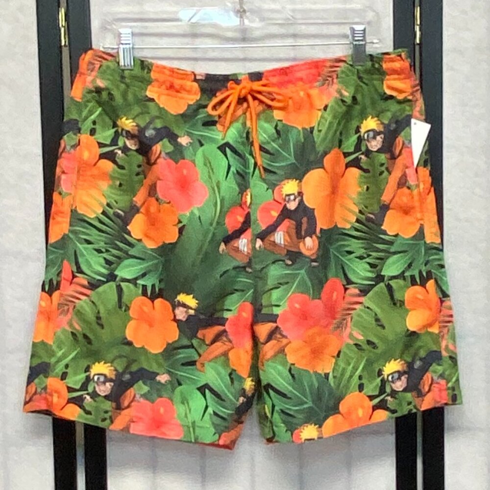 Ninja Naruto Swim Trunk Board Shorts 18” Hibiscus Jungle Print Green Orange NWT